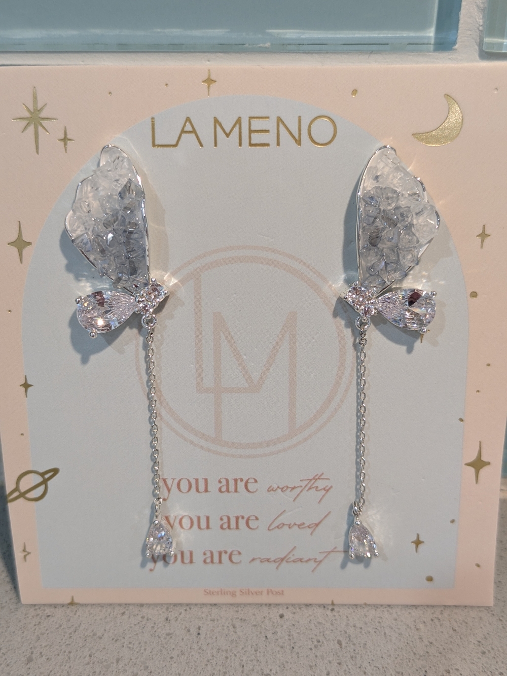 LA MENO Butterfly Delicate Silver Crystal Dangle Earrings NEW